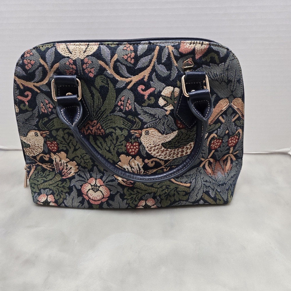 Signare Strawberry Thief Blue Floral Tapestry Handbag- Multicolor Double Handles - Picture 2 of 7